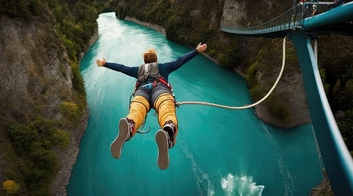 A man bunjee jumping off a bridge in New Zealand on an activity holiday.