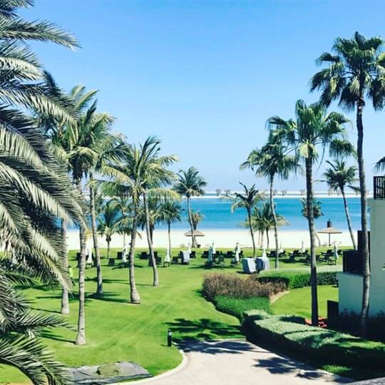 Beautiful holiday resort in dubai, with green grounds and the ocean in the background.