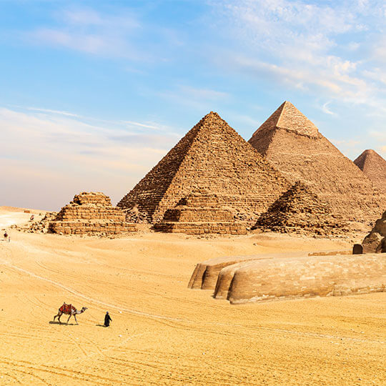A man leading a camel against the historic backdrop of the pyramids of Giza in Egypt.