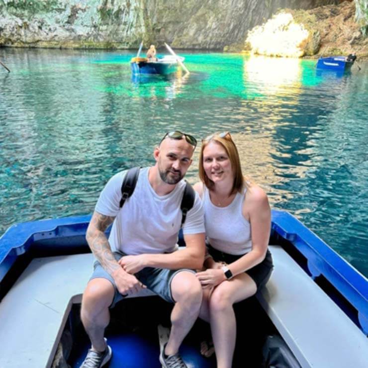 Enjoying a boat ride through the waters in Kefalonia.