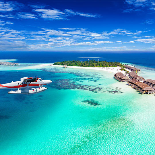 Aerial view of once in a lifetime holiday villas in the Maldives.