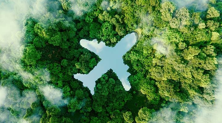 Adventure holidays can be sustainable, indicated by a gap in the trees shaped like a plan.