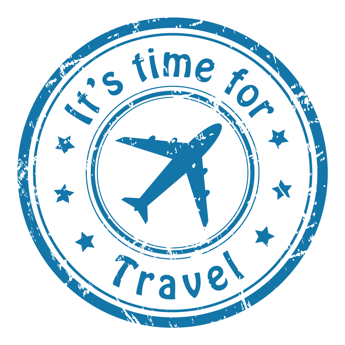 Plane stamp icon with the words 'it's time to travel' written in a circle.