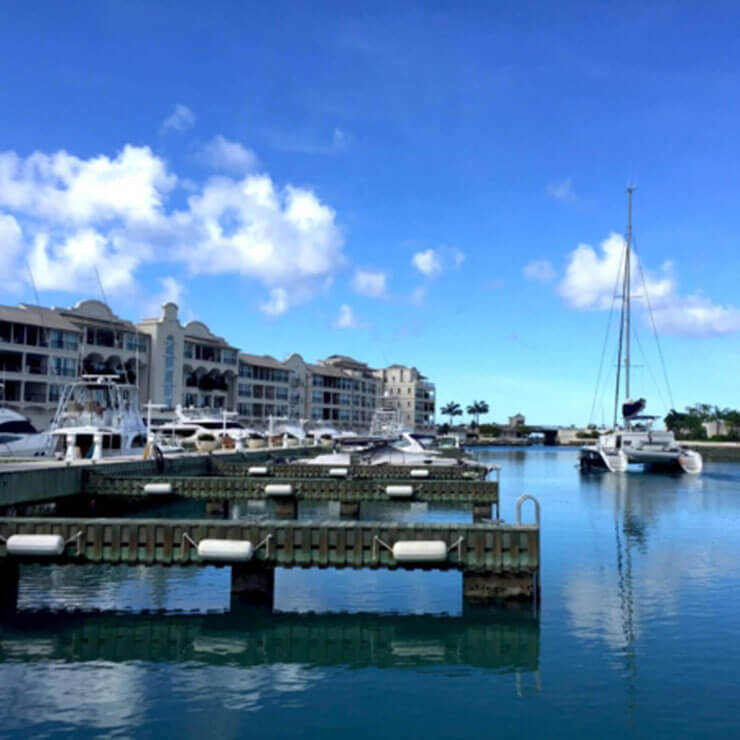 The barbadian port, with luxury yachts and fishing boats moored to the jetty.