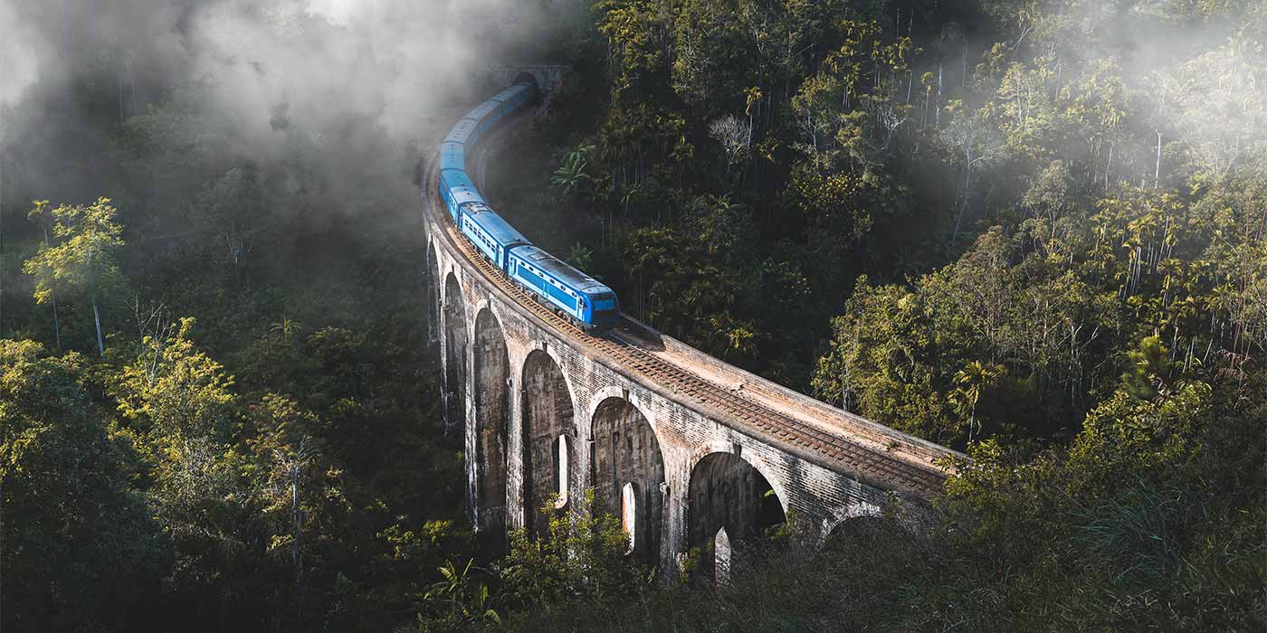 A blue train journey crossing a famous bridge amidst the forest, on an all inclusive train holiday.