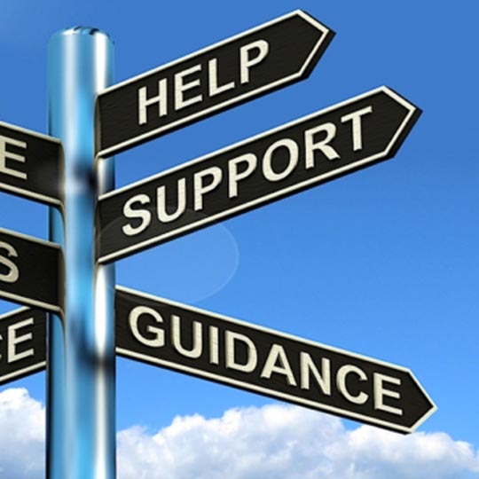 Help, support and guidance street signs for using a travel agent.