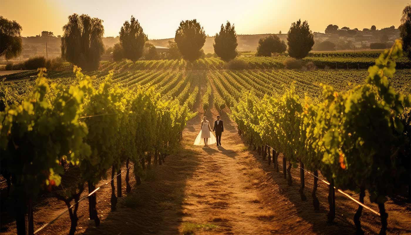 Bridge and groom walking through picturesque vineyards at their destination wedding.