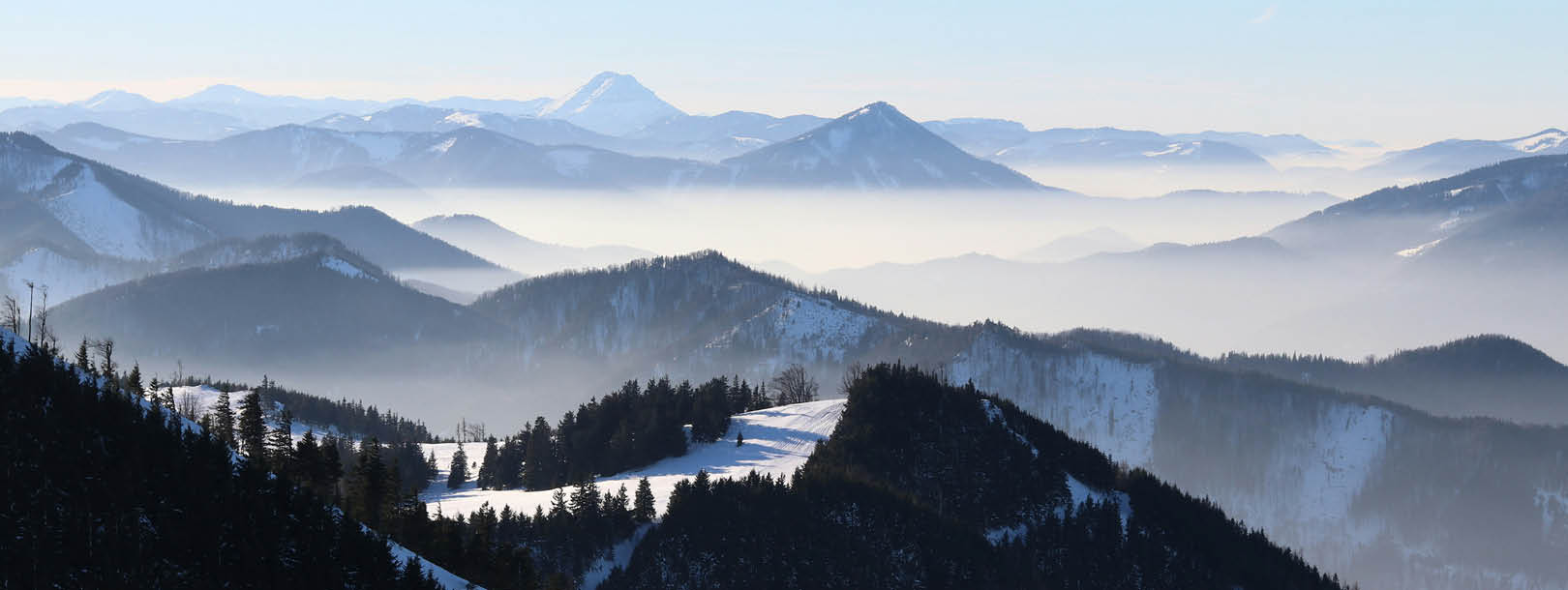 Panoramic winter view of snow-covered mountain peaks with misty valleys and evergreen forests at sunrise