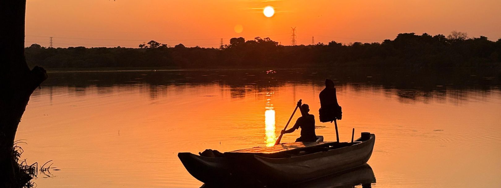 Silhouette of boat with people at sunset on calm water with tree branches framing orange sky