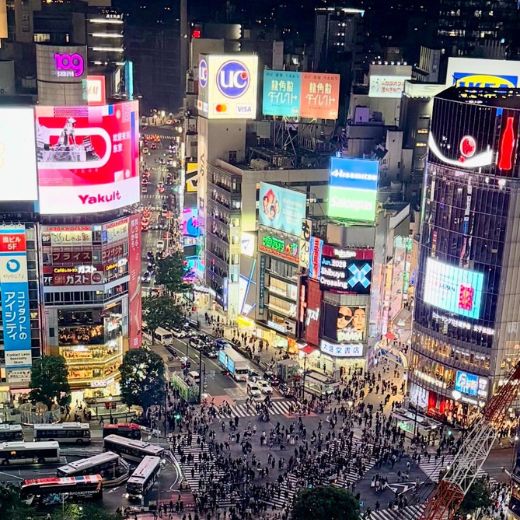 Aerial view of Shibuya Crossing at night, Tokyo, Japan